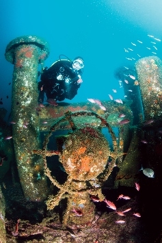 diver exploring shipwreck reef